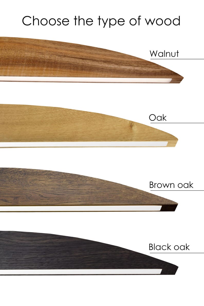Puede incluir: Imagen que muestra cuatro tipos de madera: Nogal, Roble, Roble marr&oacute;n y Roble negro. Cada tipo de madera se muestra como una secci&oacute;n curva con una tira de luz blanca. El texto "Elige el tipo de madera" est&aacute; en la parte superior.