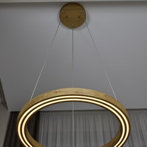 May include: A modern, circular pendant light fixture. The light features a wooden ring with two parallel, illuminated bands. The fixture is suspended from the ceiling by thin cables, with a wooden ceiling mount. The light is a warm, inviting color.
