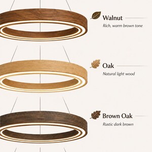 May include: Image showcasing four circular pendant lights with different wood finishes: walnut, oak, brown oak, and black oak. Each light has a bright inner ring. Text reads "Select Your Wood Finish."