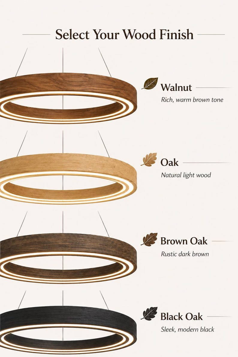 May include: Image showcasing four circular pendant lights with different wood finishes: walnut, oak, brown oak, and black oak. Each light has a bright inner ring. Text reads "Select Your Wood Finish."