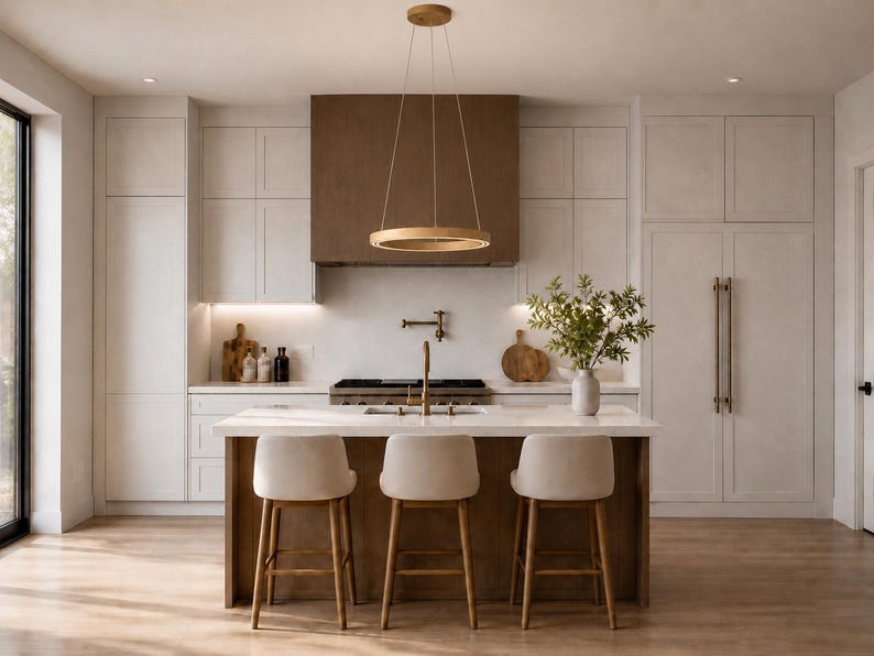 May include: A modern kitchen with white cabinetry, a wooden range hood, and a central island with three beige bar stools. A gold-toned circular pendant light hangs above the island. A vase of greenery sits on the island.