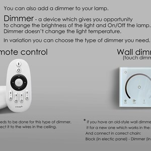 Puede incluir: Imagen que muestra dos tipos de reguladores de intensidad: un mando a distancia blanco y un regulador de pared. El mando es ovalado con botones; el regulador de pared es cuadrado con un control circular. Texto explicativo.