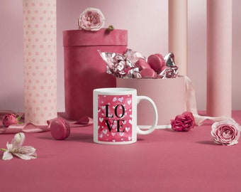 Love Mug for a Gift 11oz, Ceramic, Pink Hearts, Gift For Girlfriend, For Her, Valentines Gift