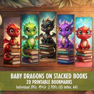 Puede incluir: Conjunto de 20 marcapáginas imprimibles con adorables dragones bebés de diferentes colores sentados en pilas de libros. Los marcapáginas están diseñados para uso personal y son perfectos para los amantes de los libros.