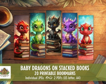 Baby-Drachen auf gestapelten Büchern, druckbare Lesezeichen, Baby Drachen Lesezeichen, DIY Anime Lesezeichen, Geschenk für Bücherwurm