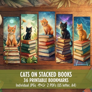 May include: Set of five printable bookmarks featuring watercolor illustrations of cats sitting on stacks of books. The bookmarks have a variety of backgrounds, including a night sky and a garden. The text "CATS ON STACKED BOOKS" is displayed.