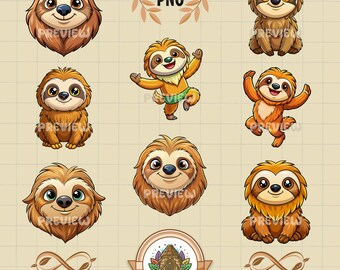 Puede incluir: Un conjunto de ocho imágenes de clipart digital que presentan adorables perezosos de dibujos animados en varias poses. Los perezosos son marrones y naranjas con ojos grandes y sonrisas. Las imágenes son perfectas para proyectos de manualidades, scrapbooking y más.
