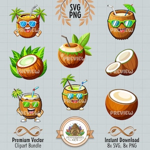 Kokosnuss Clipart Bundle, Kokosnuss PNG, digitale Kokosnüsse, Kokosnuss Bilder, Cartoon Kokosnuss, Kokosnuss SVG, Frucht SVG