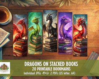 Dragons on stacked books printable bookmarks, dragon bookmarks, book lover gift, aesthetic bookmarks, fantasy diy bookmarks, anime bookmarks