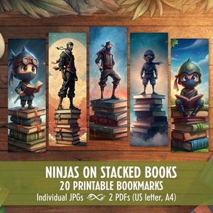 May include: Five ninja-themed bookmarks, each depicting a different ninja character atop a stack of books. The bookmarks feature a colourful, illustrated design with the text "NINJAS ON STACKED BOOKS".