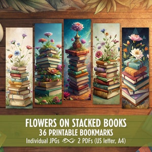 Könnte beinhalten: Set mit 36 druckbaren Lesezeichen mit bunten Blumen, die aus Stapeln von alten Büchern wachsen. Die Lesezeichen sind in einem verspielten Stil mit einer Vielzahl von Blumen und Buchumschlägen gestaltet.
