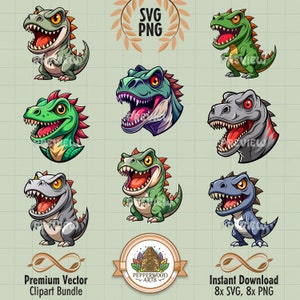 Paquete de imágenes prediseñadas T-Rex, Angry Trex SVG, paquete SVG de dinosaurio, SVG de cabeza T-Rex, imágenes prediseñadas de Dino, Tyrannosaurus svg, dinosaurio png