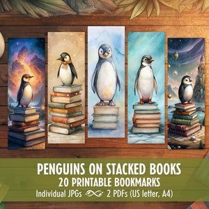 May include: Set of 20 printable bookmarks featuring penguins standing on stacks of books. The bookmarks have a whimsical, illustrated style with a variety of colourful backgrounds.