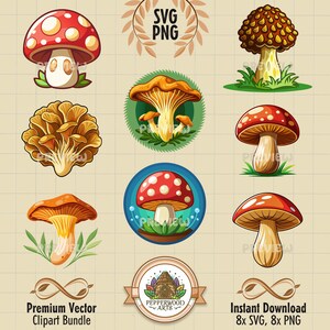 Könnte beinhalten: Ein Set mit acht Pilzillustrationen in verschiedenen Stilen. Die Pilze sind im Cartoon-Stil mit leuchtenden Farben und detaillierten Merkmalen dargestellt. Die Illustrationen eignen sich perfekt für den Einsatz in digitalen Projekten, Bastelarbeiten und vielem mehr.