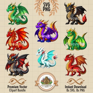 Drachen Clipart Bundle, Drache PNG, Drachen kommerzielle Nutzung, Drache SVG, Drachen Bilder, Drachen Kunst, Fantasy Dragon Art