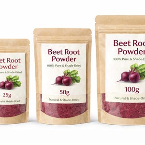 May include: Three kraft paper pouches of beet root powder. Each pouch has a white label with the text "Beet Root Powder" and a graphic of beets with leaves. The pouches contain 25g, 50g, and 100g of powder, respectively.