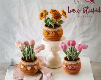 Pot de fleur au crochet, plante au crochet, tournesol, fleurs faites à la main, décoration de tulipes au crochet, fleurs tricotées, décoration de bouquet au crochet