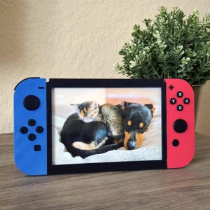 May include: A red and blue Nintendo Switch console picture frame with a black border. The frame is displaying a photo of a black and brown dog and a calico cat sleeping together.