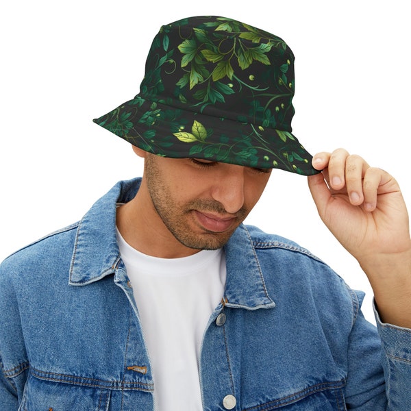 Vining Leaves Dark Cottagecore Botanical Bucket Hat (AOP) Made in USA, Fashion Fun Headwear UV Ray Protection, Couple Loved One Partner Gift
