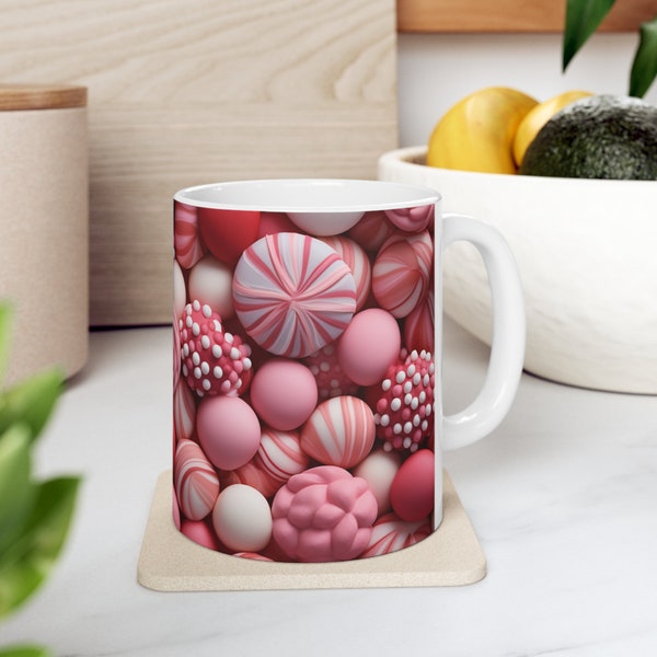 Candyland Hard Candies Sweet Treat, Bite-sized Desserts Ceramic Mug Wraparound Design, Pink White and Red Warm Palette, Sugar Rush Candy Cup