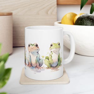 Watercolor Style Forest Frog Friends Ceramic Mug: Artistic Amphibian Lily Pad Pond Cup