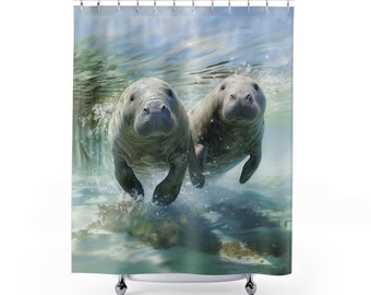 Florida Manatee Aquatic Mammal Shower Curtain: Gentle Sea Cows, Coastal Animal Lover Diving Panel