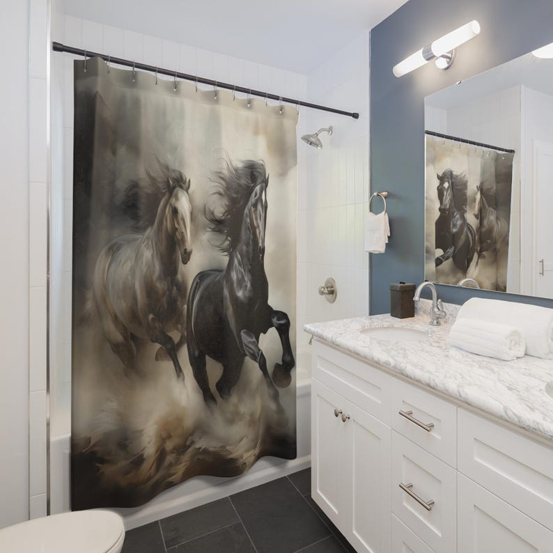 Wild Western Plains Mustang Horses Shower Curtain: Southwest Badlands Cowboy Ranch Desert Home image 2
