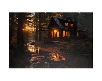 Cabin Cottagecore Life River Running Fishing Flowing Forest Night Camping 1014-Piece Jigsaw Puzzle Relaxing Pastime Hobby Housewarming Gift