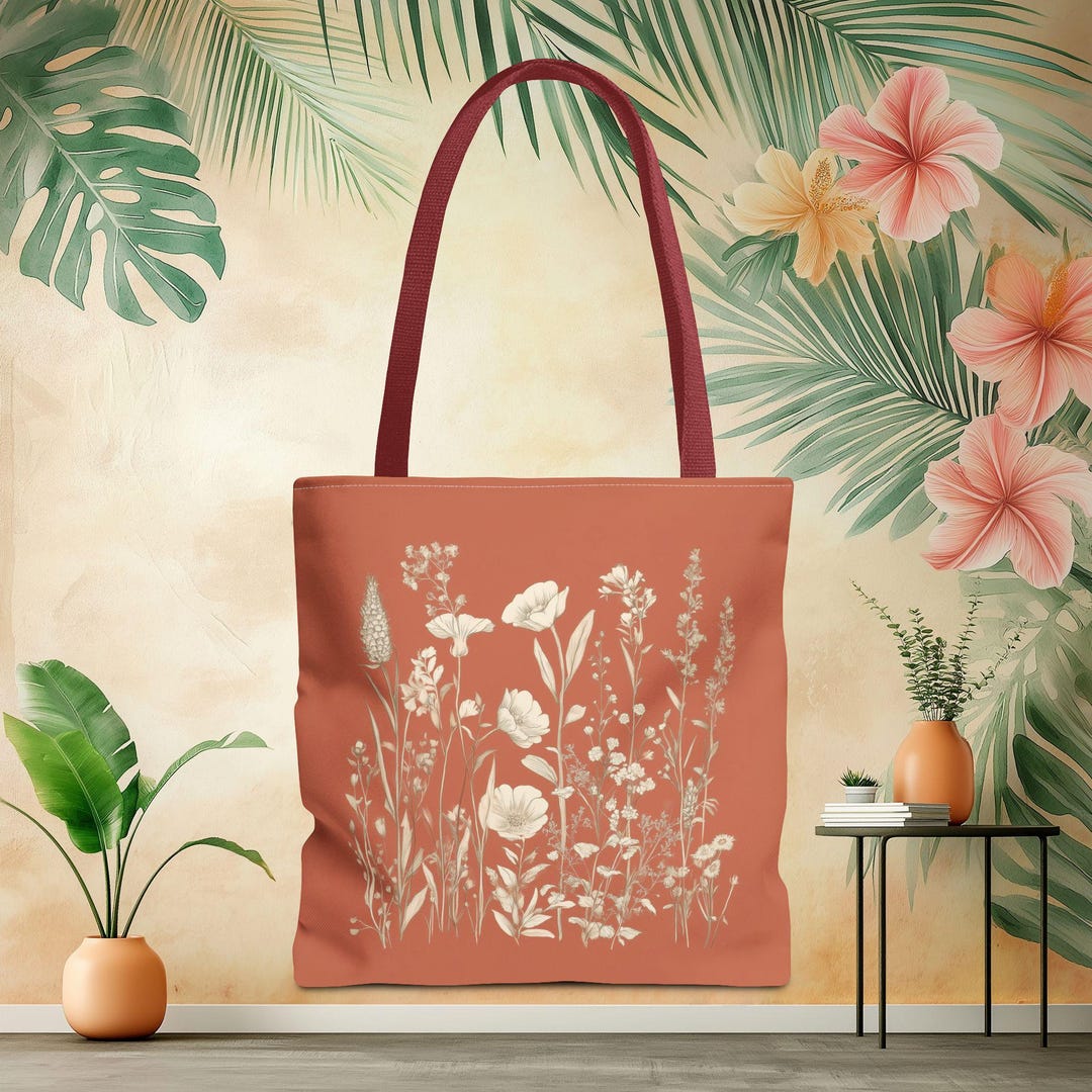 Cottagecore Wildflower Filigree Inspired Reusable Tote: Coral Meadow ...