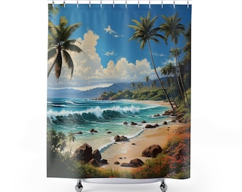 May include: A shower curtain depicting a tropical beach scene with palm trees, blue sky, white clouds, and turquoise ocean waves breaking on the shore.