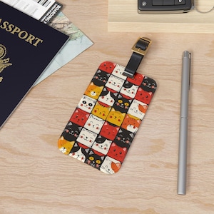 Kawaii Cat Lover Collage Unique Luggage Tag: Graphic Feline Anime Aesthetic Label Marker