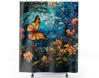 Monarch Butterfly Insect Bug Stained Glass Inspired Shower Curtain: Floral Nature Lover Garden