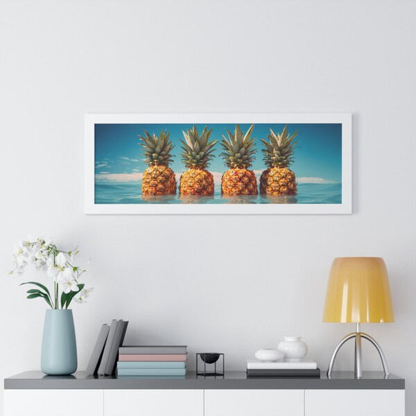 Tropical Ocean Juicy Pineapple Print Framed 36x12 Horizontal Poster, Exotic Golden Island Decor, Tangy Summer Sweet Art, Housewarming Gift