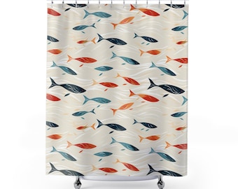 Abstract Fish Silhouette Shower Curtain: Vintage Zen Flowing Waves Chic Home Modern Pattern