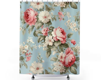 Vintage Floral Roses Shower Curtain | Blue Cottage Chic Bathroom
