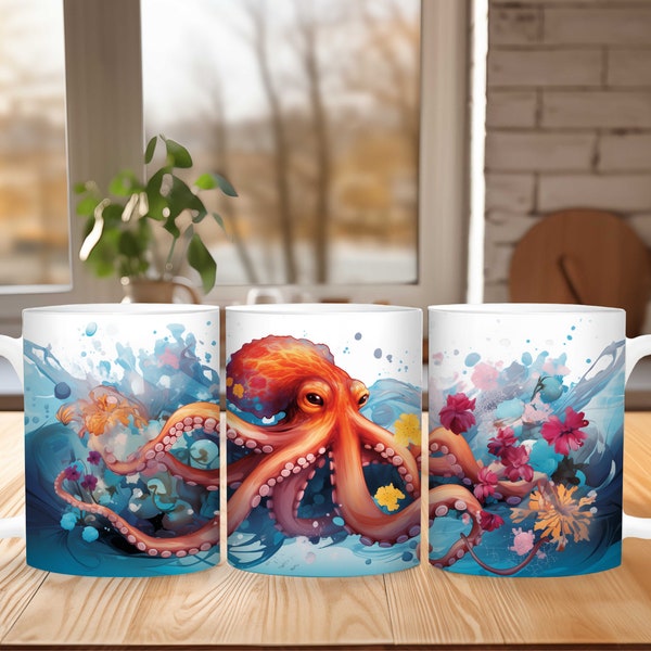 Beautiful Camouflaging Octopus Mug, Whimsical Swimming Cephalopod Cup, Magically Intelligent Marine Life, Graceful Underwater Choreographer