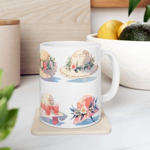 Floral Sun Hats Mug | Ceramic Coffee Cup, Summer Garden Illustration