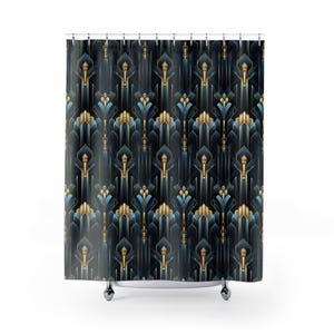 May include: A shower curtain with a geometric pattern in shades of blue and gold. The pattern is reminiscent of Art Deco design.