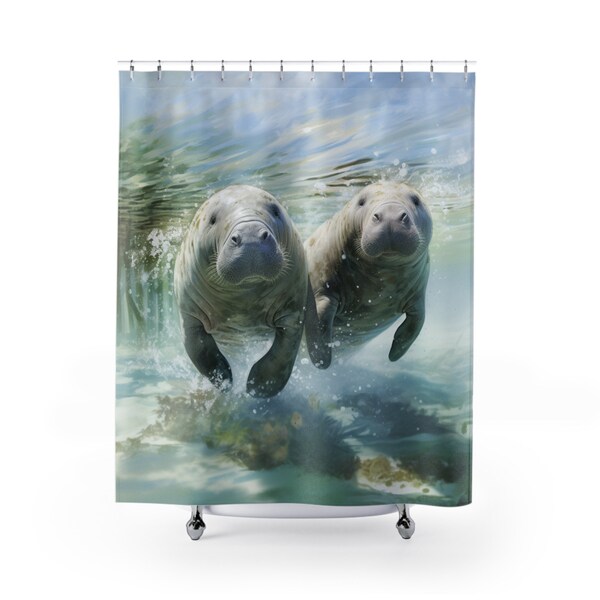 Florida Wading Manatee Cow Friends Shower Curtain, Endangered Shoreline Walking Giants, Perfect Playful Protected Pals, Housewarming Gift