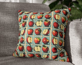 Rustic Fall Apple Fruit Harvest Illustrative Graphic Polyester Square Pillowcase Housewarming Gift, Cottagecore Cabin Life Beach House Decor