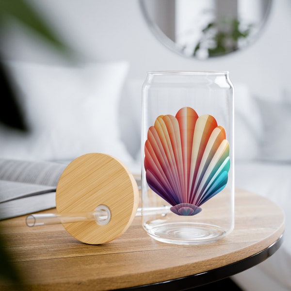 Rainbow Scallop Shell Ocean Beach Fantasy 16oz Can Design Sipper Glass, Eco-Friendly Sustainable Living, Housewarming Environmentalist Gift