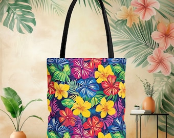 Tropical Hibiscus Floral Tote Bag | Colorful Hawaiian Flowers Allover Print