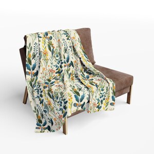 Floral Watercolor Fleece Blanket: Cottagecore Pressed Sprigs Design, Cozy Snuggle Cloak