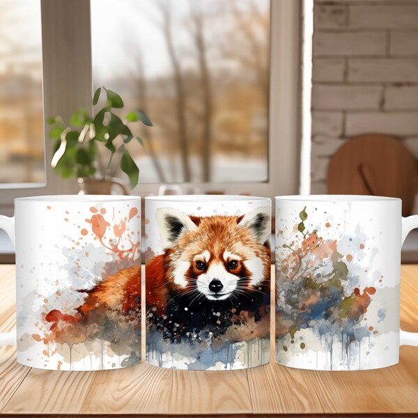 Red Panda Pretty Watercolor Wraparound Style Design Pattern, Asian Exotic Animal Full Face View with Abstract Background Warm Toned Palette