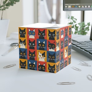 Kawaii Cat Pop Art Sticky Note Cube: Feline Postcard Tile, Home Office Desk Display