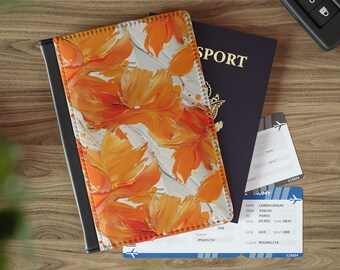 Impressionism Oil Paint Canvas Orange Leaves on White Passport Cover, Personal Identification Protector, Gift for World Traveler Adventures