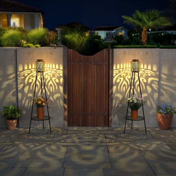 Set of 2 Outdoor Solar Lantern Flower Pot Stand, Bronze Metal Cylinder Solar Lights Pattern Garden Decor Shelves for Yard Backyard Patio
