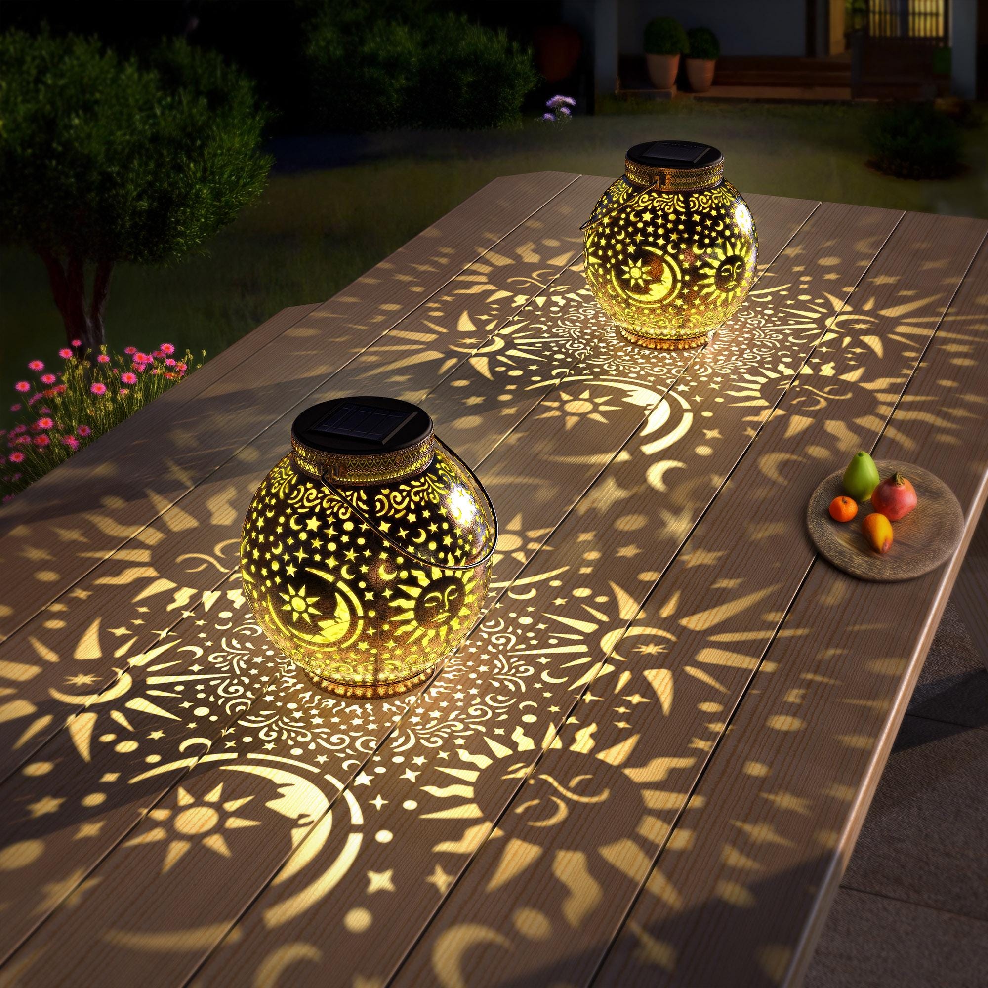 2 Pack Sun Moon Star Solar Lantern, Hanging Outdoor Solar Garden Patio Decor Lights Bronze