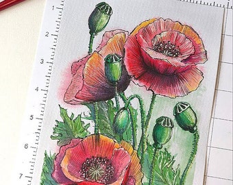 Painting Red Poppies Watercolor Author's Etude Ink on Paper Field Flowers Original Greeting Gift for Mom Sister Gardeners Home Decoration