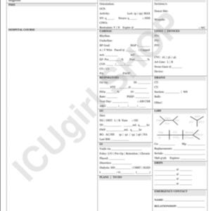 Puede incluir: Un formulario médico blanco con secciones para información del paciente, incluyendo datos neurológicos, cardíacos, respiratorios y de laboratorio. El formulario incluye secciones para líneas, drenajes y contactos de emergencia. El texto "ICUgirl" está en marca de agua.